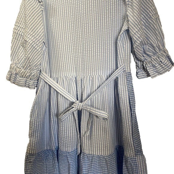 Blue White Seersucker Gingham Ruffle Tiered Prairie Cottagecore Maxi Dress S/M - Picture 15 of 16
